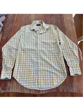 Thomas Dean Collection Small Gingham Button Down Shirt Italian Cotton Blue